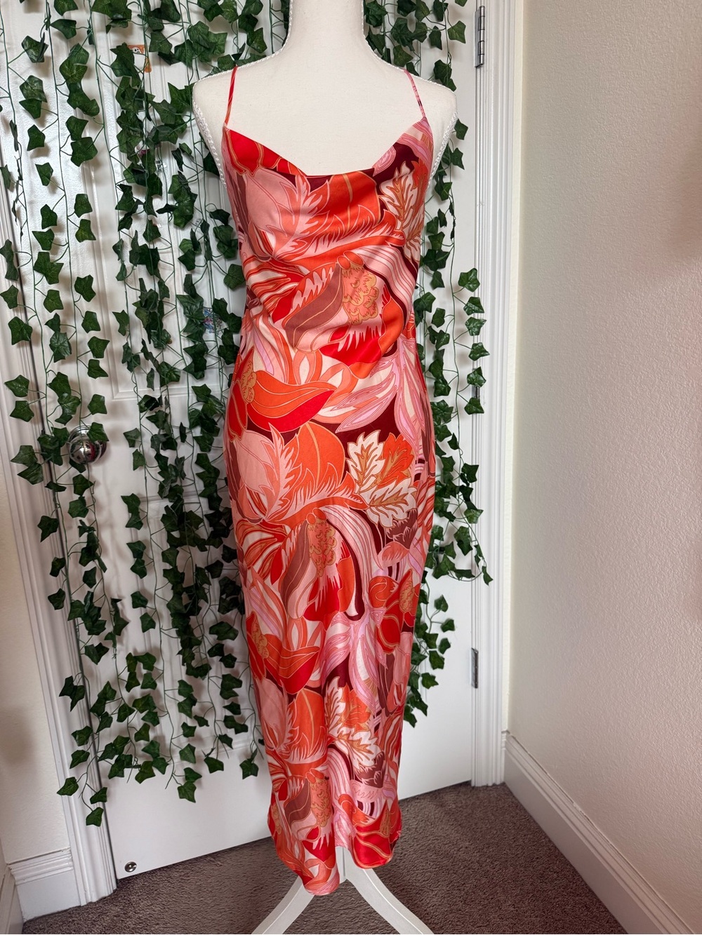 Hello Molly Red & Pink Floral Cowl Slip Maxi Dress